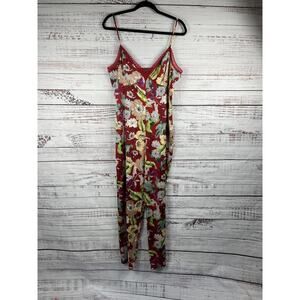Guess Jumpsuit Women's 10 Red Floral Print Sleeveless V Neck Wide Leg Lace Trim